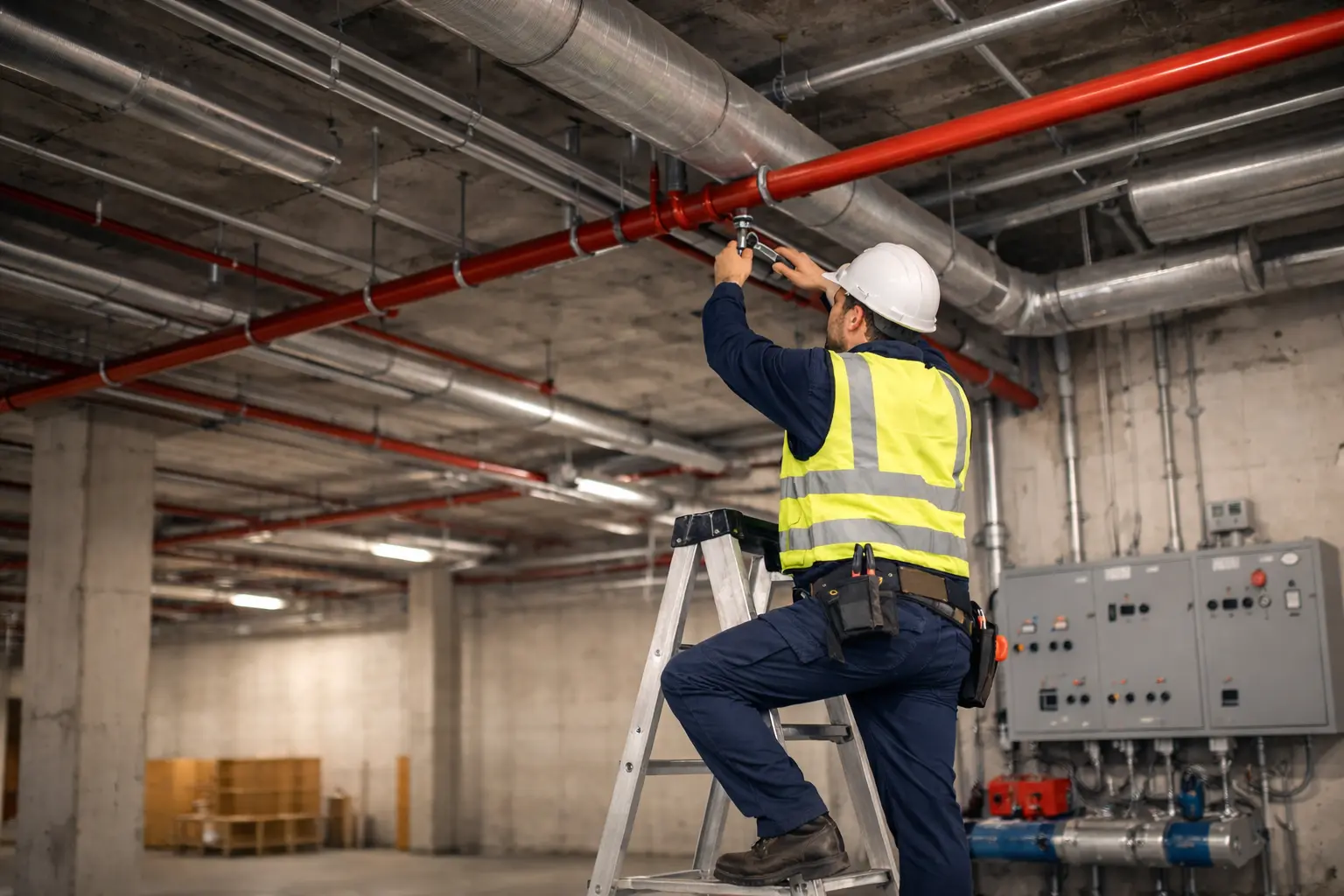 Engineers installing a commercial fire protection system in Ahmedabad